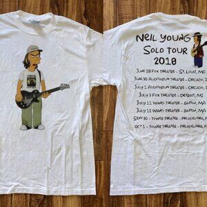 Neil Young 2018 Solo Tour Simpsons Parody Graphic Concert 2 Sided T-Shirt 90